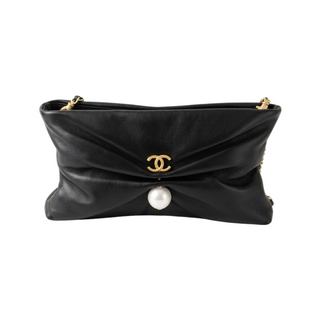 Chanel Black Leather Pearl-Embellished CC Chain Shoulder Bag