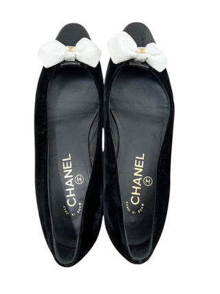 Chanel Black Tie Velvet Ribbon Pointed Flats