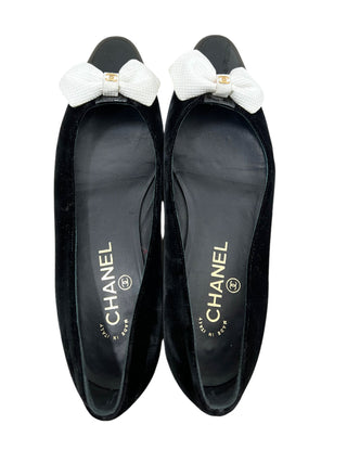 Chanel Black Tie Velvet Ribbon Pointed Flats