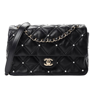 Chanel Black Lambskin Quilted Pearl Studded Flap Bag With GHW