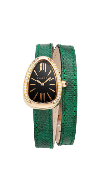 Bvlgari Diamond Serpenti 18K Rose Gold Double Spiral Green Lizard Strap