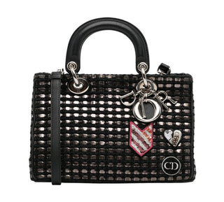 Christian Dior Black & Silver Metallic Tweed Small Lady Dior Bag