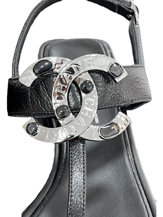 Chanel Black Interlocking CC Logo T-Strap Sandals