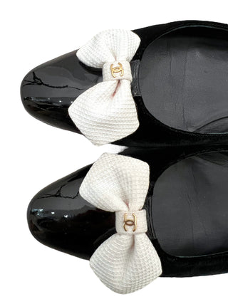 Chanel Black Tie Velvet Ribbon Pointed Flats