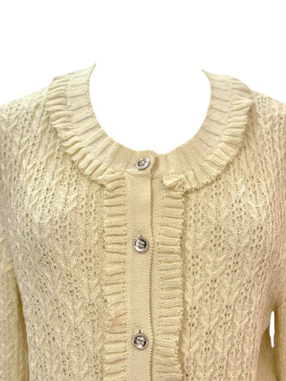 Chanel Light Yellow CC Button Fringed Lace Cardigan