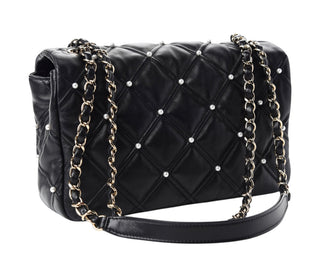 Chanel Black Lambskin Quilted Pearl Studded Flap Bag With GHW