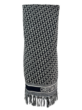 Dior Navy Blue Oblique Beach Towel With Tassel Fringe