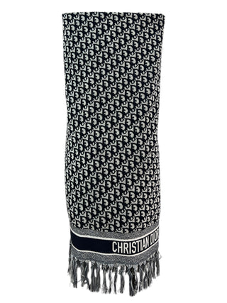 Dior Navy Blue Oblique Beach Towel With Tassel Fringe