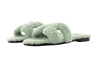 Hermes Vert D'eau Wool-skin Oran Sandals