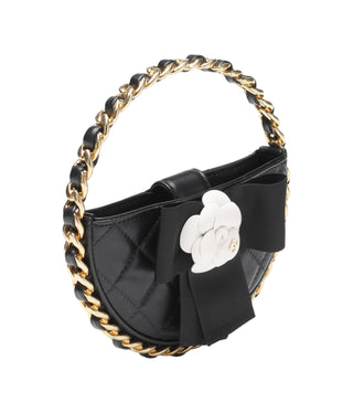 Chanel Black Micro Lambskin Hoop Bag With Camellia Detailing