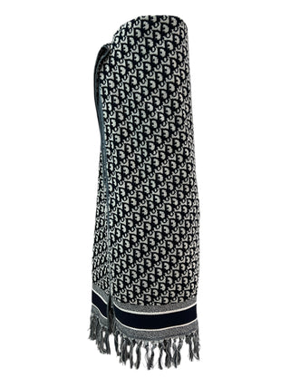 Dior Navy Blue Oblique Beach Towel With Tassel Fringe