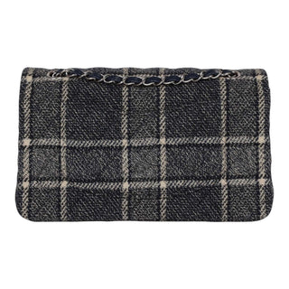 Chanel Medium Navy Tweed Checkered Classic Double Flap Bag With PHW