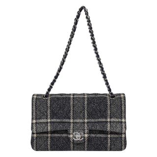 Chanel Medium Navy Tweed Checkered Classic Double Flap Bag With PHW
