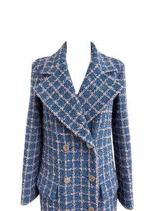 Chanel S23 Blue & Pink Checkered Tweed Double-Breasted Long Coat