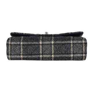 Chanel Medium Navy Tweed Checkered Classic Double Flap Bag With PHW