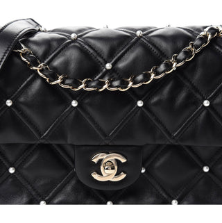 Chanel Black Lambskin Quilted Pearl Studded Flap Bag With GHW