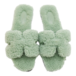 Hermes Vert D'eau Wool-skin Oran Sandals