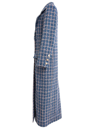 Chanel S23 Blue & Pink Checkered Tweed Double-Breasted Long Coat
