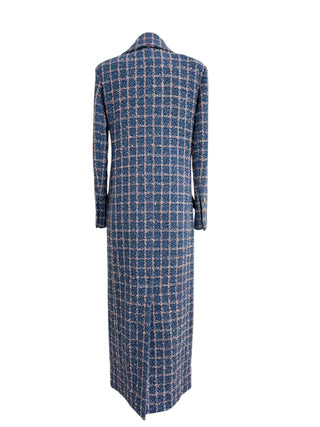Chanel S23 Blue & Pink Checkered Tweed Double-Breasted Long Coat