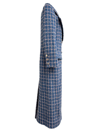 Chanel S23 Blue & Pink Checkered Tweed Double-Breasted Long Coat