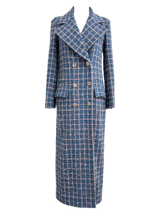 Chanel S23 Blue & Pink Checkered Tweed Double-Breasted Long Coat