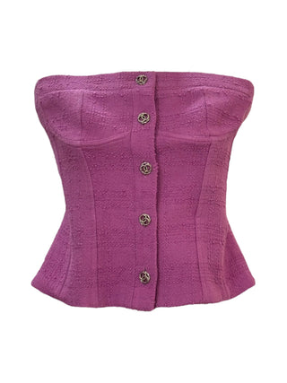 Chanel Purple Tweed Strapless Bustier With CC Buttons