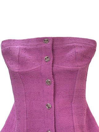 Chanel Purple Tweed Strapless Bustier With CC Buttons
