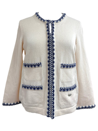 Chanel Ivory Tweed Cardigan With Contrast Trim