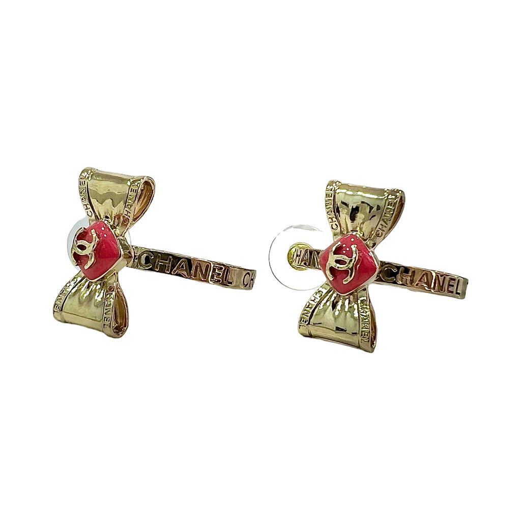Chanel Gold & Pink Hoop Ribbon Coco Mark Collar Stone Logo Earrings ...