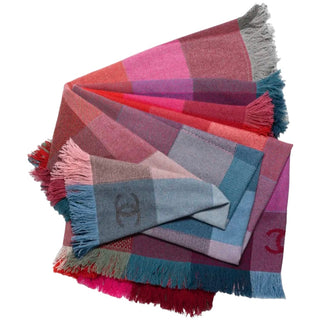 Chanel Blue & Pink Cashmere Check CC Logo Blanket Throw