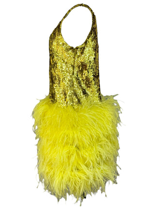 Valentino Gold Citrine Sequin & Ostrich Feather Mini Dress
