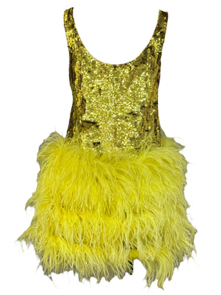 Valentino Gold Citrine Sequin & Ostrich Feather Mini Dress