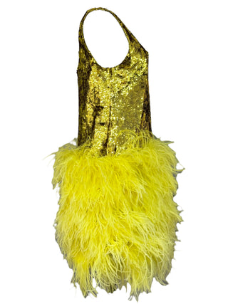 Valentino Gold Citrine Sequin & Ostrich Feather Mini Dress