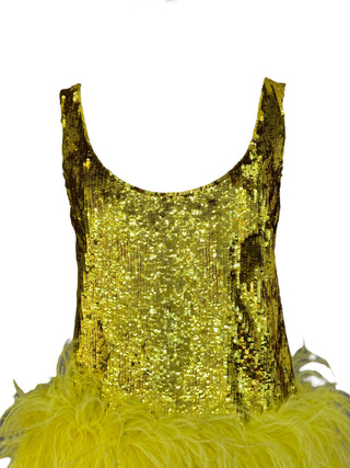 Valentino Gold Citrine Sequin & Ostrich Feather Mini Dress