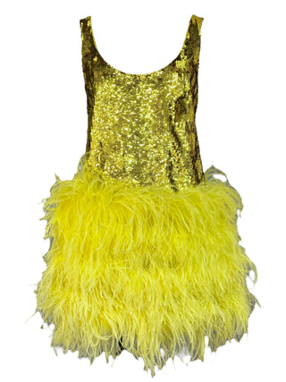Valentino Gold Citrine Sequin & Ostrich Feather Mini Dress