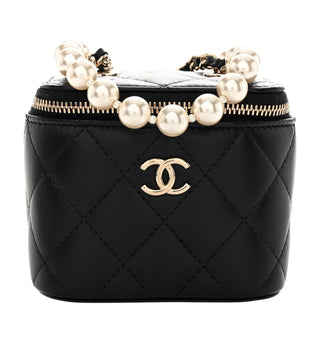 Chanel Black Lambskin Quilted Mini Vanity Case With Pearl Chain