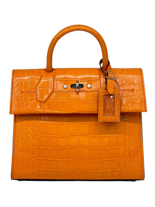 Louis Vuitton Orange Shiny Crocodile Top Handle Bag With Padlock Detail