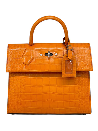 Louis Vuitton Orange Shiny Crocodile Top Handle Bag With Padlock Detail