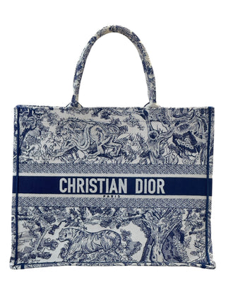 Christian Dior Large Ecru And Blue Toile De Jouy Embroidery Book Tote