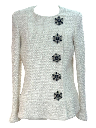 Chanel 2018 Ivory Pearl-Embellished Flared Tweed Jacket with Sunburst CC Buttons