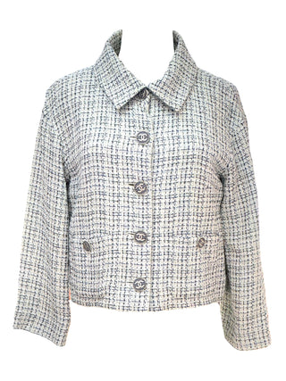 Chanel White Tweed Checkered Cropped Jacket With CC Buttons
