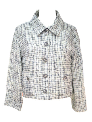 Chanel White Tweed Checkered Cropped Jacket With CC Buttons