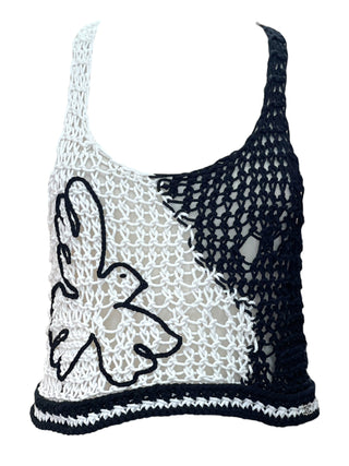 Chanel Crochet Knit Bralette in Black & White with Dove Embroidery