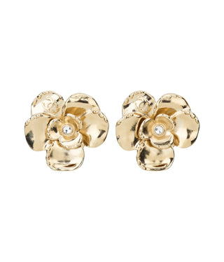 Chanel Gold-Tone Camellia Flower Clip On Earrings With Crystal CC Logo