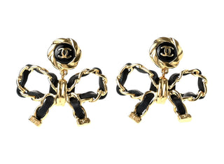 Chanel Black & Gold Lambskin Chain Bow Drop Earrings