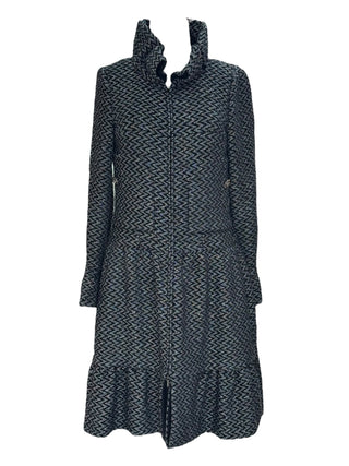 Chanel Black & Silver Chevron Knit Ruffle Hem Coat With High Collar