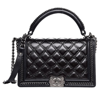 Chanel Black Calfskin Quilted Medium Boy Bag With Top Handle