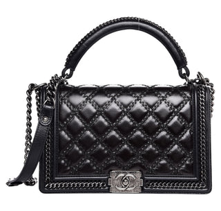 Chanel Black Calfskin Quilted Medium Boy Bag With Top Handle