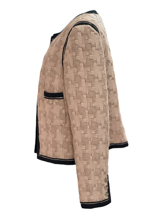 Chanel Beige Woven Tweed Jacket with Black Trim & Logo Buttons