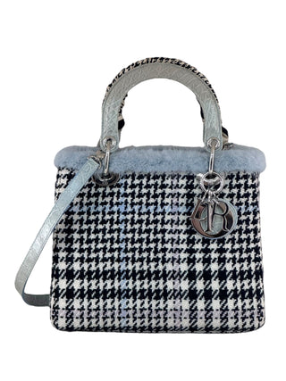 Christian Dior Mint Green Tweed Crocodile Mink Plaid Medium Lady Dior Bag